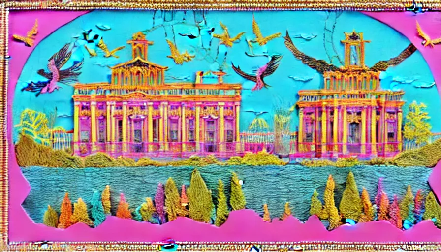 Prompt: a stand-alone building along a river, seen from the long distance. maximalist mixed media paper and baroque embroidery fabric collage. huge flamish baroque birds flying. childrenbook illustration in vibrant pastel tones. matte background. HD 8x