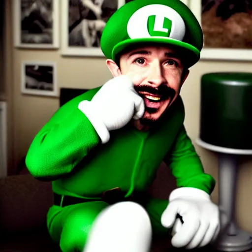 Prompt: uhd candid photo of hyperdetailed shia lebeuouf dressed as luigi. correct face, cinematic lighting, photo by annie leibowitz, and steve mccurry.