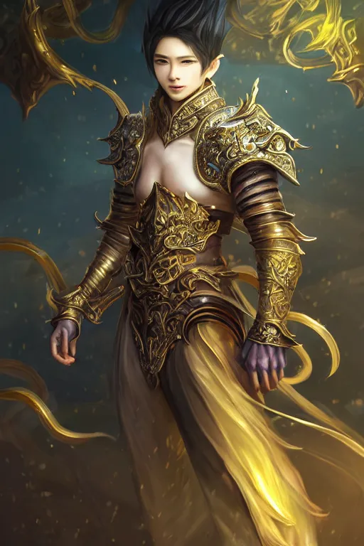 Prompt: fullbody portrait of a male fit hero with strange hairs, soft smile, baroque cloth, luminous scene, final fantasy and league of legends champion, by chengwei pan and sakimichan, gradient white to gold, in front of an iridescent magical building background, highly detailed portrait, digital painting, smooth, focus illustration