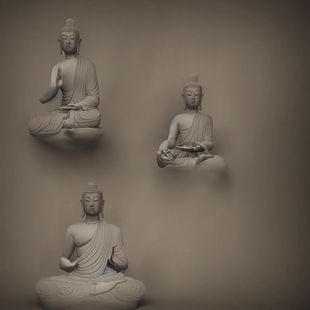 Image similar to 3 d render of a beautiful meditating buddha checking his smartphone, neo noir