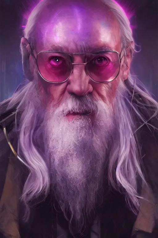 Image similar to portrait of cyborg Dumbledore in cyberpunk, neon lighting, night city, digital art from artstation by Ruan Jia and Mandy Jurgens and Artgerm and william-adolphe bouguereau and Greg Rutkowski