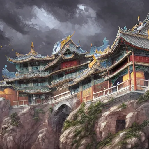 Image similar to dynamic composition, motion, ultra-detailed, incredibly detailed, a lot of details, amazing fine details and brush strokes, colorful and grayish palette, smooth, HD semirealistic anime CG concept art digital painting, watercolor oil painting of epic castle gate, from Three Kingdoms, by a Chinese artist at ArtStation, by Huang Guangjian, Fenghua Zhong, Ruan Jia, Xin Jin and Wei Chang. Realistic artwork of a Chinese videogame, gradients, gentle an harmonic grayish colors.