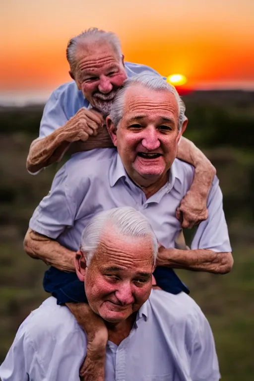 Image similar to elderly man carrying ted cruz piggyback, 8 k, award winning photograph, portrait, detailed faces, sunset in background, highly - detailed