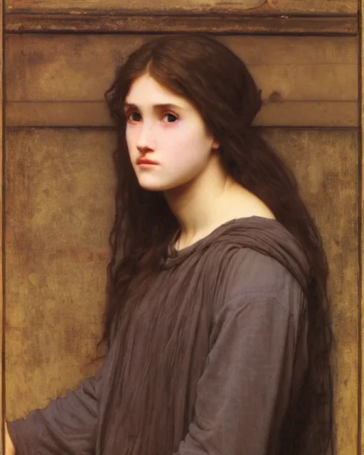Image similar to a realistic portrait of a teenage girl who looks like Uma Thurmond and Winona Ryder with an anxious expression and slightly open mouth, wearing ragged torn clothing, inside a cathedral lit with god rays, by William-Adolphe Bouguereau, John William Waterhouse, Frederic Leighton, Alphonse Mucha, Edward Burne Jones