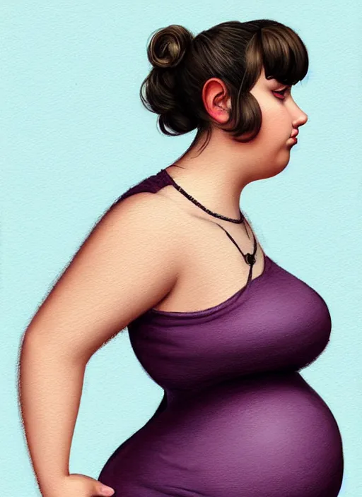 Image similar to full body portrait of teenage betty cooper, obese, bangs, ponytail, sultry, realistic, sultry smirk, ponytail hairstyle, fluffy bangs, curly bangs, skirt, fat, belly, intricate, elegant, highly detailed, digital painting, artstation, concept art, smooth, sharp focus, illustration, art by wlop, mars ravelo and greg rutkowski