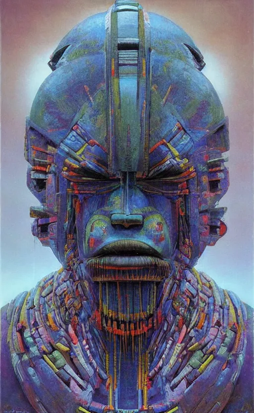 Image similar to portrait of mecha african tribal chief, symmetrical, dramatic lighting, colourful, art by zdzislaw beksinski,