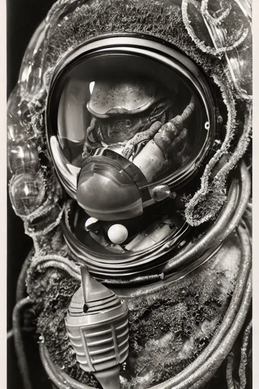 Image similar to extremely detailed studio portrait of space astronaut, alien tentacle protruding from eyes and mouth, slimy tentacle breaking through helmet visor, shattered visor, helmet is off, full body, soft light, disturbing, shocking news, award winning photo by james van der zee