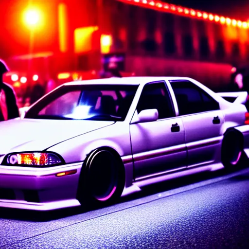 Image similar to a car JZX100 at illegal car meet, Shibuya prefecture, city midnight mist, cinematic color, photorealistic, highly detailed, 200MM