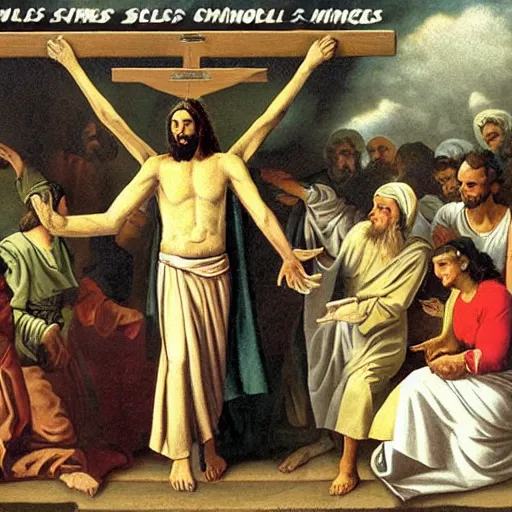 Image similar to business Jesus presenting abysmal sales figures in front of angry shareholder’s threatening to crucify him