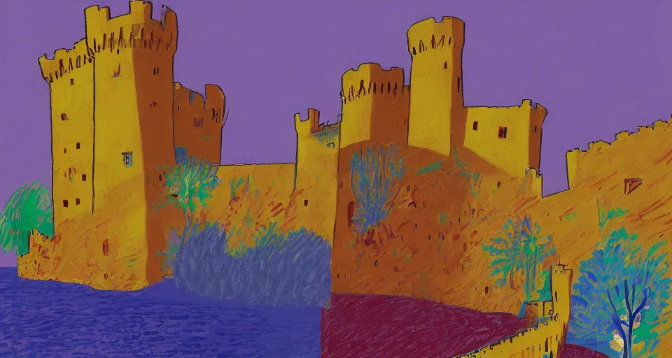 Image similar to color sketch of denia castle, highly detailed, dramatic lighting, intense shadows, rich deep colours, by david hockney