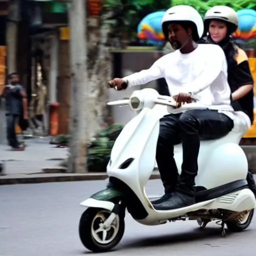 Prompt: kanye west riding scooter in hanoi, a photo in daylight