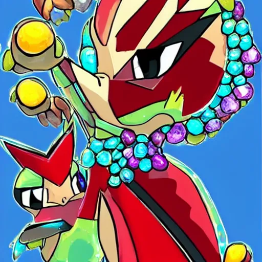 Prompt: a woodpecker made of shining gems ， pokemon style.