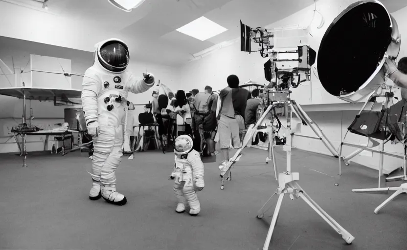 Prompt: Behind the scenes photos of the faked Apollo 11 Lunar landing on a Hollywood sound stage directed byStanley Kubrick. Leica IIIc, 70mm. Black and white