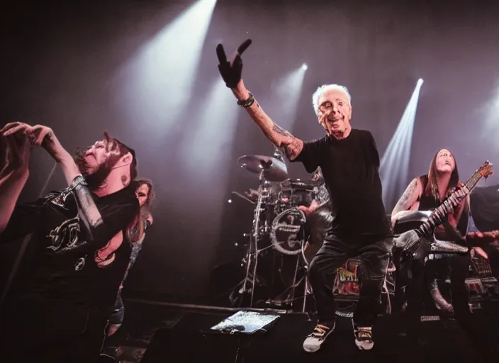 Prompt: publicity photo still of bob barker in a death metal band playing live on stage, 8 k, live concert lighting, mid shot