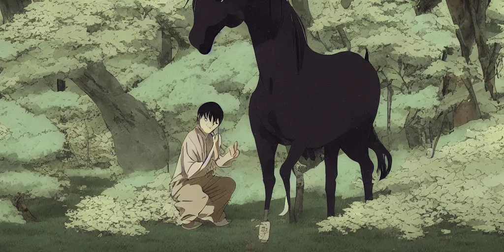 Image similar to ginko showing a new horse mushi, mushishi by mutsumi akasaki, studio ghibli, artgem, mutsumi akasaki, shinkai, makoto, wallpaper splash art promo art