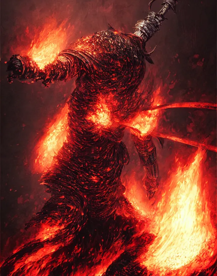 Image similar to illustration of the soul of cinder from Dark Souls 3 (a warrior in heavy iron armor that burns with eternal flame) wielding a burning sword, dark souls 3 artwork, art by greg rutkowski, art by craig mullins, art by Masanori Warugai, art by Yoshitaka Amano