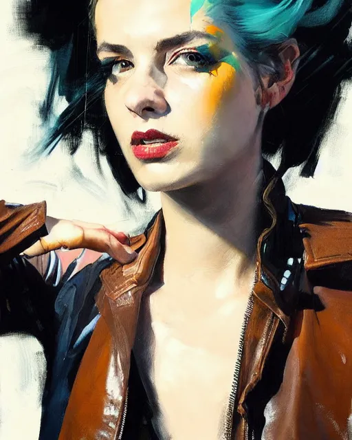 Image similar to greg manchess portrait painting of a punk woman in a leather bomber jacket, medium shot, asymmetrical, profile picture, organic painting, rainy night, matte painting, bold shapes, hard edges, street art, trending on artstation, by huang guangjian and gil elvgren and sachin teng