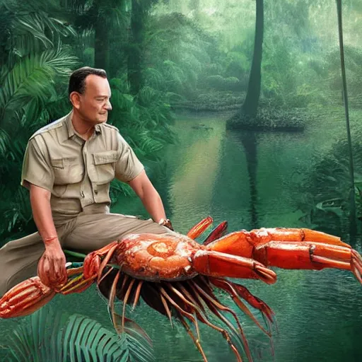 Prompt: Tom Hanks as forrest gump sitting on a giant shrimp in the jungle, realistic digital painting, in the style of Frederic St-Arnaud, photoreailstic, realistic face, amazing detail, sharp