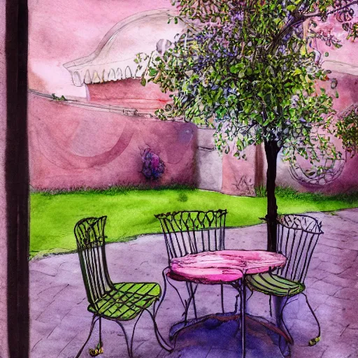 Image similar to delicate, chairs, garden, paved, botanic watercolors, iridescent, 8 k, realistic shaded, fine details, artstation, italian, iron gate, tree, mediterranean, neon flowers