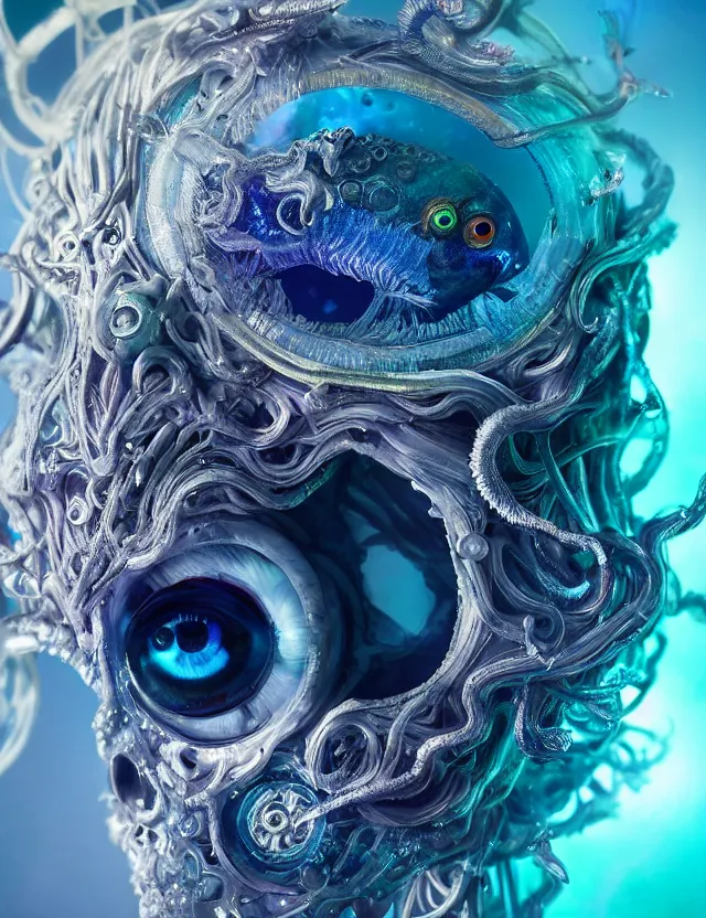 Image similar to eye of god macro close - up portrait with mask made of ram skull. betta fish, jellyfish phoenix, bioluminiscent, plasma, ice, water, wind, creature, super intricate ornaments artwork by tooth wu and wlop and beeple and greg rutkowski