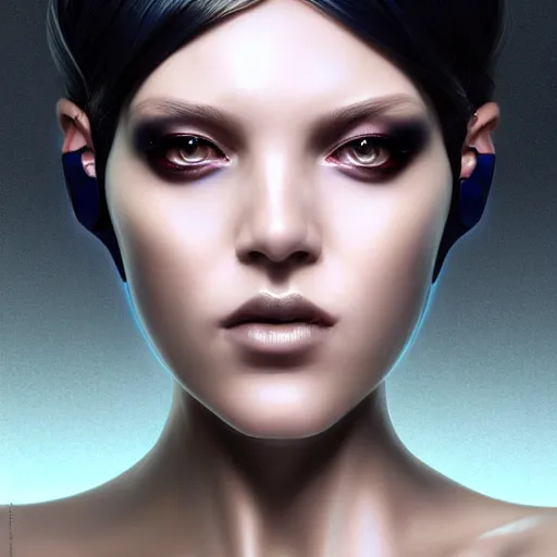 Image similar to futuristic woman android portrait, sci-fi female, striking azure eyes, face, short platinum hair, cyberpunk femme fatale, intricate, elegant lady with alabaster skin, highly detailed gold filigree, digital painting, artstation, concept art, smooth, sharp focus, illustration, studio photo by artgerm, Krenz Cushart, Wenqing Yan and Alphonse Mucha:3, overexposed, dark, gray, monochrome:-2