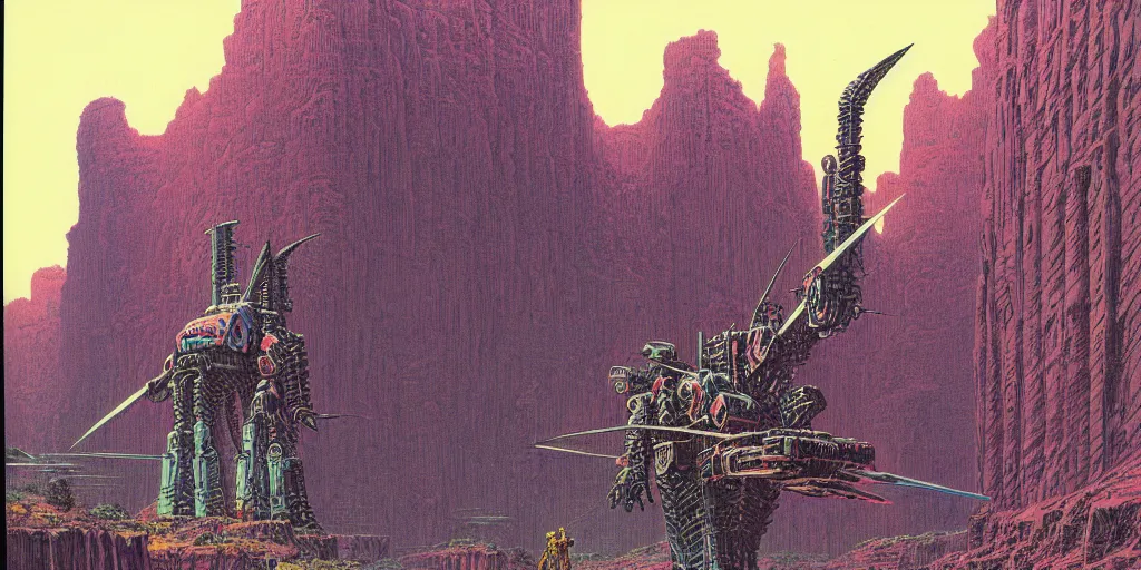 Image similar to grainy risograph matte painting of gigantic huge mech with huge swords, pastel matte colors, staying in the toxic canyon, filled with exotic animals on tall legs, by moebius, hyperrealism, intricate detailed