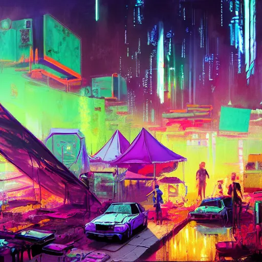 Prompt: acrylic painting, strong emotional impact, bold pastel colors, expressive brushstrokes, overall sense of movement in the composition. hippie bohemian encampment with tie - dye tents and a garden. cyberpunk art by liam wong, cgsociety, panfuturism, nature utopia, anime aesthetic