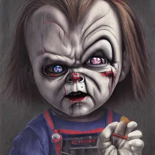 Image similar to digital painting of chucky by judson huss and henriette grindat and albrecht durer | horror themed | creepy