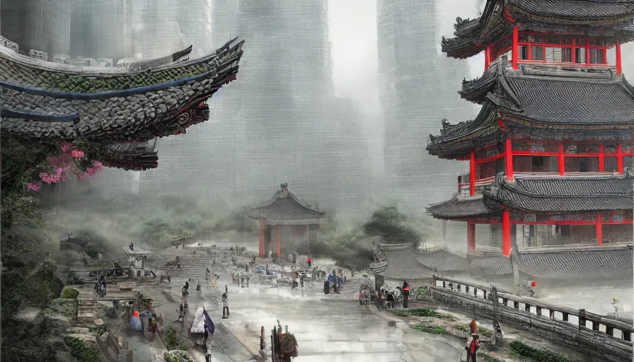 Image similar to magnificent city in ancient china in late spring, flowers will fade, some fog, realistic style, high details, scene concept., trending on artstation