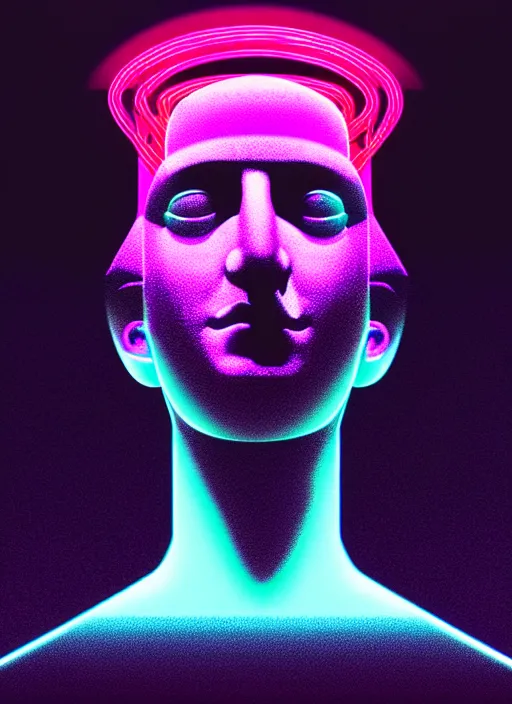 Prompt: statue of dionysus, beeple, android jones, ( ( ( ( ( dan mumford ) ) ) ) ), vaporwave, retrowave, black background, neon wiring, lines, black, glitch, strong contrast, cuts, pinterest, trending on artstation