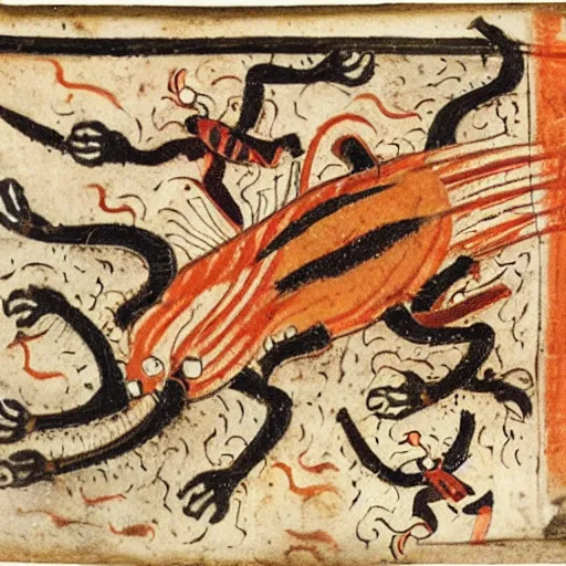 Image similar to tiger fire with many legs flying in a medieval manuscript, medieval manuscript, golden miniatures