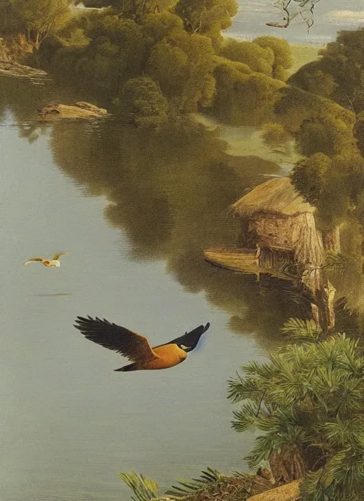 Image similar to bird swimming on its back, view from above, river, peaceful, riversides, style of elvgren gil and arkley howard