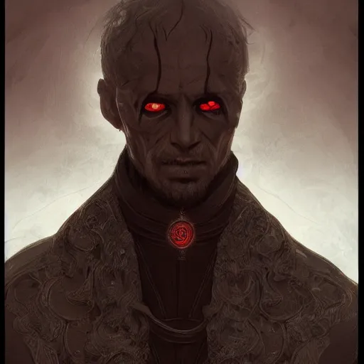 Image similar to portrait of a handsome Catholic priest with red eyes, dark, intricate details, highly detailed, eerie, concept art, digital painting, sharp, trending on artstation, award-winning. Art by Loran DeSore and Merwild