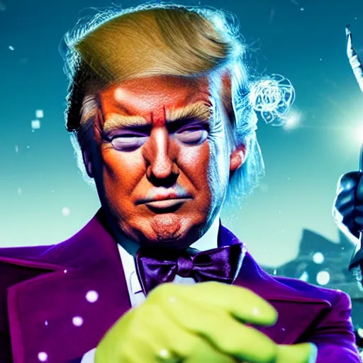 Image similar to portrait of donald trump as willy wonka in avengers movie, fantasy, splash art, avengers movie, movie still, detailed face, photorealistic facial features, cinematic lighting, dramatic, octane render, long lens, shallow depth of field, bokeh, anamorphic lens flare, 8 k, hyper detailed, 3 5 mm film grain