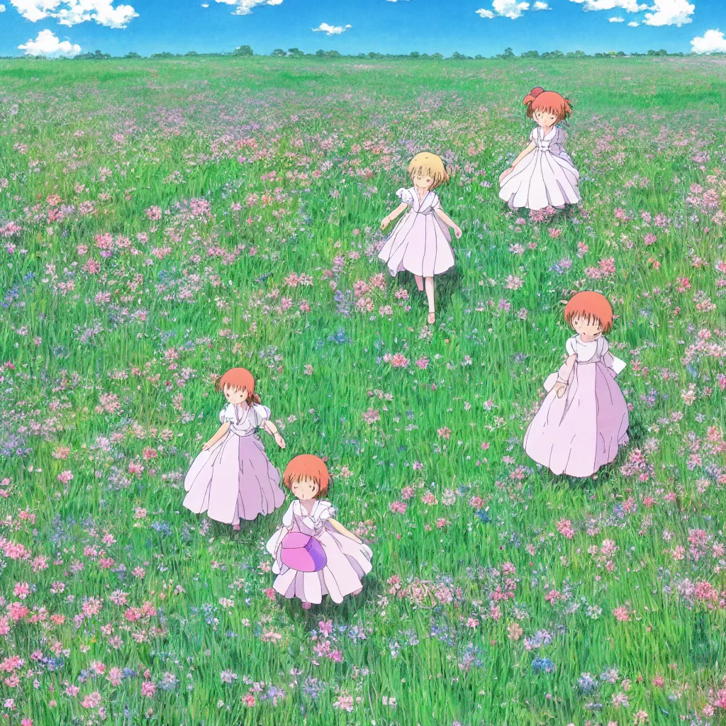 Image similar to little girl in princess dress, walking through a field of flowers, puffy clouds, beautiful, summer, calm, studio ghibli, art by hayao miyazaki, makoto shinkai