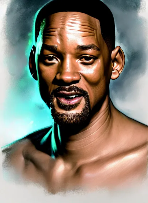 Prompt: portrait of will smith, d & d, wet, shiny, fantasy, intricate, elegant, hyper detailed, ultra definition, photoreal, artstation, unreal engine rendered, concept art, smooth, sharp focus, illustration, art by artgerm and greg rutkowski and alphonse mucha and garis edelweiss