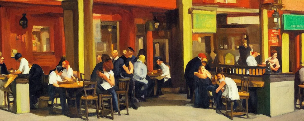 Prompt: a diverse group of beer lovers drinking at a pub in the city next to a local park, picture in the style of Edward Hopper