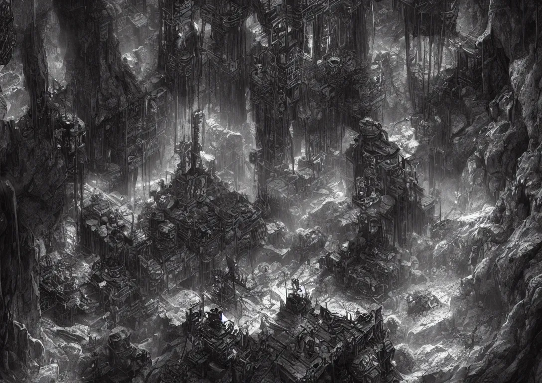 Prompt: deep cavernous mines of the dwarves, stretching down into the abyss, chains, ladders, dark, moody, illustration, artstation award, highly detailed, vast,