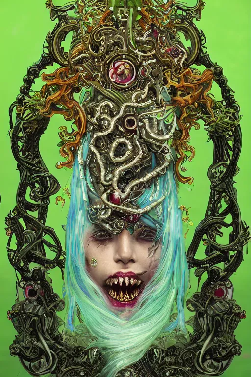 Image similar to rococo upper body portrait sigil with the intent of conquering the world lovecraftian undead zombie queen, green hair, bytian zi and wlop and alphonse mucha biomechanical illuminated text ornaments and gems hdr 8 k 3 d dslr hdr trending on artstation rendered with cryengine