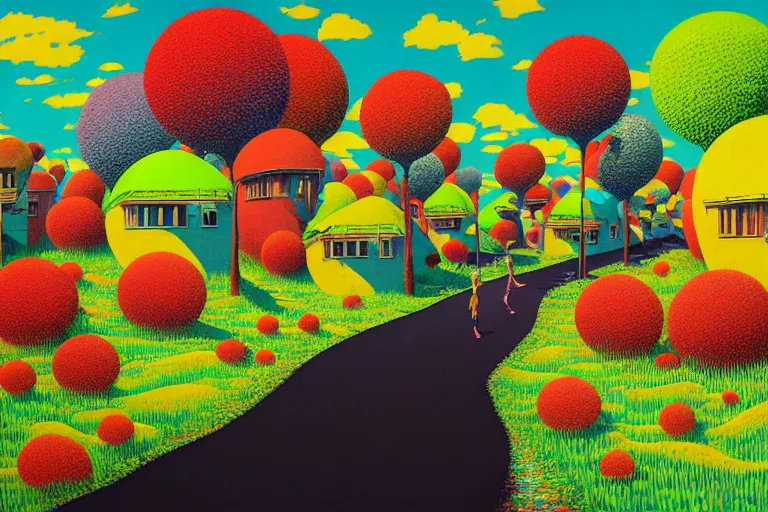 Image similar to surreal glimpse into other universe, jalan - jalan cari makan, summer morning, very coherent and colorful high contrast, art by!!!! gediminas pranckevicius!!!!, geof darrow, floralpunk screen printing woodblock, dark shadows, hard lighting, stipple brush technique,