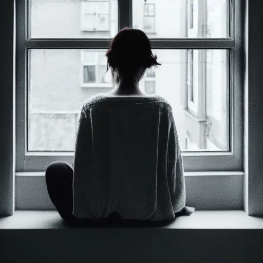 Image similar to a woman sitting on a window sill looking out the window, hands holding her face, grey sweater, a stock photo by chen jiru, tumblr, aestheticism, movie still, pretty, pixiv