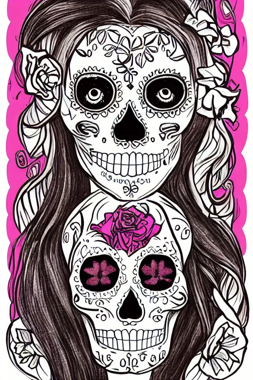 Prompt: illustration of a sugar skull day of the dead girl, art by kelogsloops