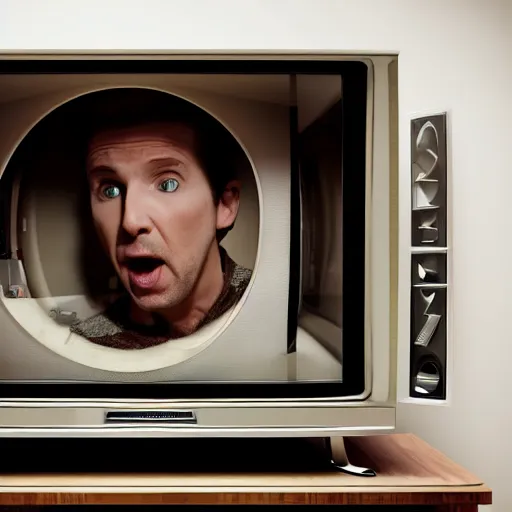 Prompt: a photo of a famous actor trapped inside a television trying to escape, very sharp and detailed 8k photorealistic image, in the style of Wes Anderson