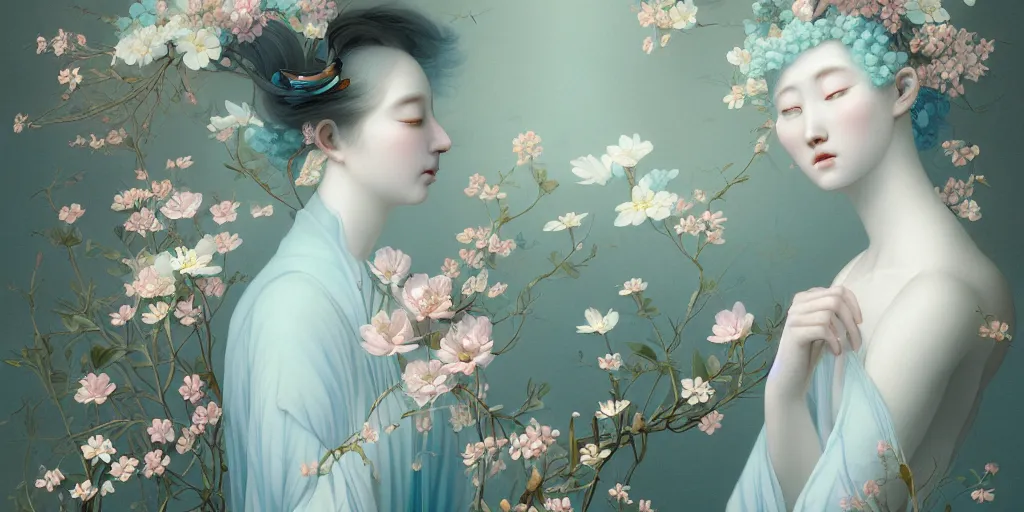 Image similar to breathtaking detailed concept art painting blend of two goddess of light blue flowers by hsiao ron cheng, vintage illustration pattern with bizarre compositions blend of flowers and fruits and birds by beto val and john james audubon, exquisite detail, extremely moody lighting, 8 k