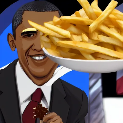 Prompt: overweight barack obama eating an absolutely massive plate of french fries, greasy, 4 k