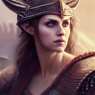 Image similar to Portrait elven viking girl warrior lady viking valkyrie, alexandra daddario, 4k oil on linen by wlop, artgerm, andrei riabovitchev, nuri iyem, james gurney, james jean, greg rutkowski, highly detailed, soft lighting 8k resolution