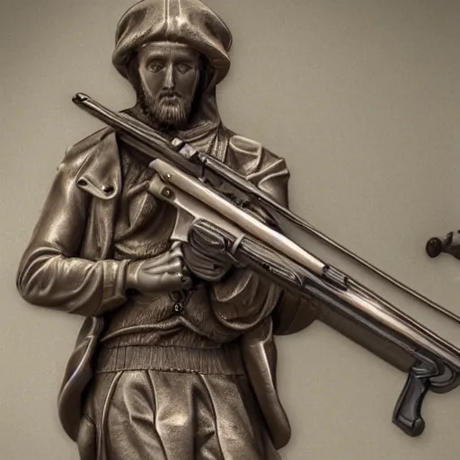 Image similar to photorealistic detailed picture, extreme, uhdr, scuplture of saint mary handling riffle gun!, masterpiece, fine details, highly detailed, intricate, smooth sharp focus