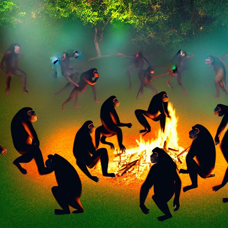 Image similar to real life 1 2 chimpanzees dancing in circle, bonfire in center, a jungle, cinematic, volumetric lighting, vivid colours, long evil shadows, f 8 aperture, cinematic eastman 5 3 8 4 film, photorealistic