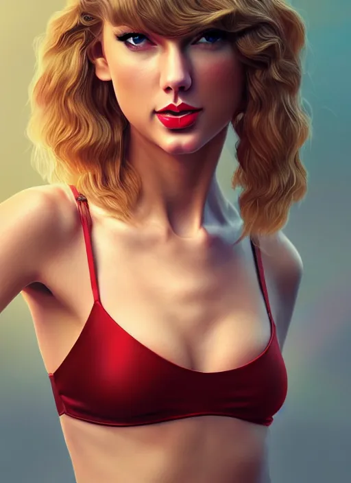 Image similar to 3 / 4 view of a portrait of taylor swift wears compact alluring bikini, evangelion, au naturel, hyper detailed, digital art, trending in artstation, cinematic lighting, studio quality, frostbite 3 engine rendered, art style by klimt and nixeu and ian sprigger and wlop and krenz cushart