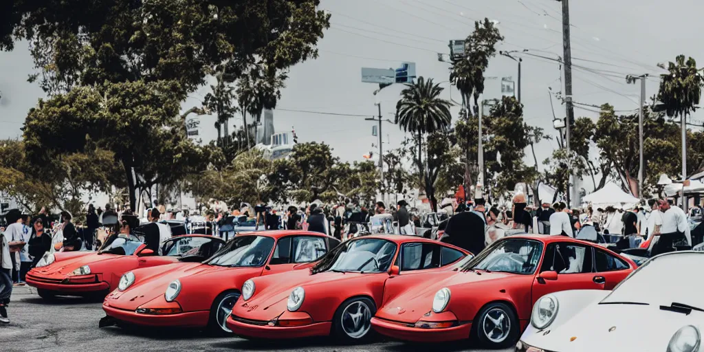 Prompt: A photograph of the Luftgekuhlt Porsche car meet by Larry Chen, Luftgekuhlt, Porsche 911, Los Angeles Car Culture, Speedhunters